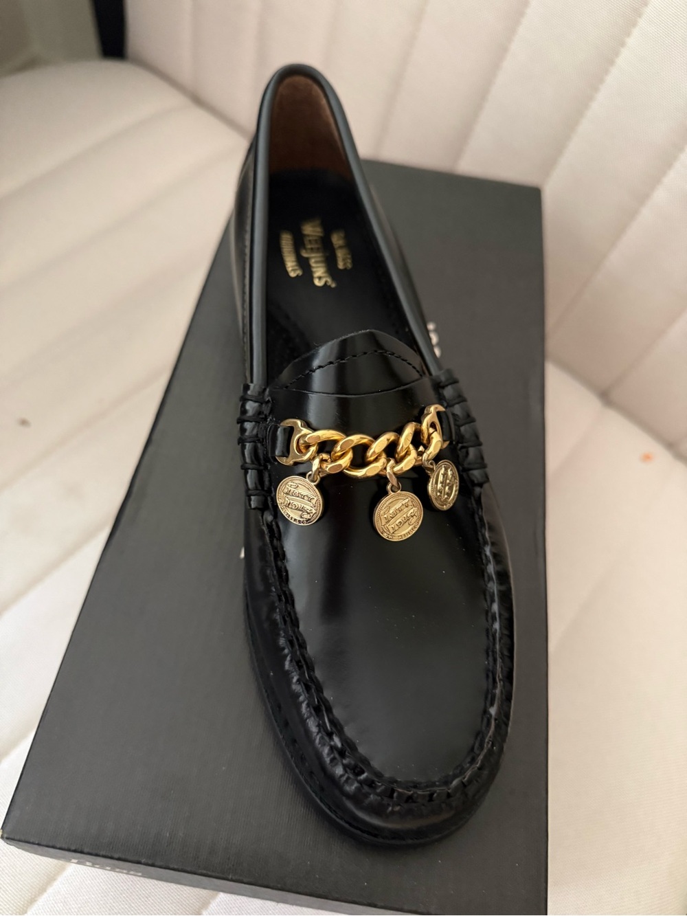 G.H. Bass & Co. Black Leather Women's Chain Loafer with Gold Medallions